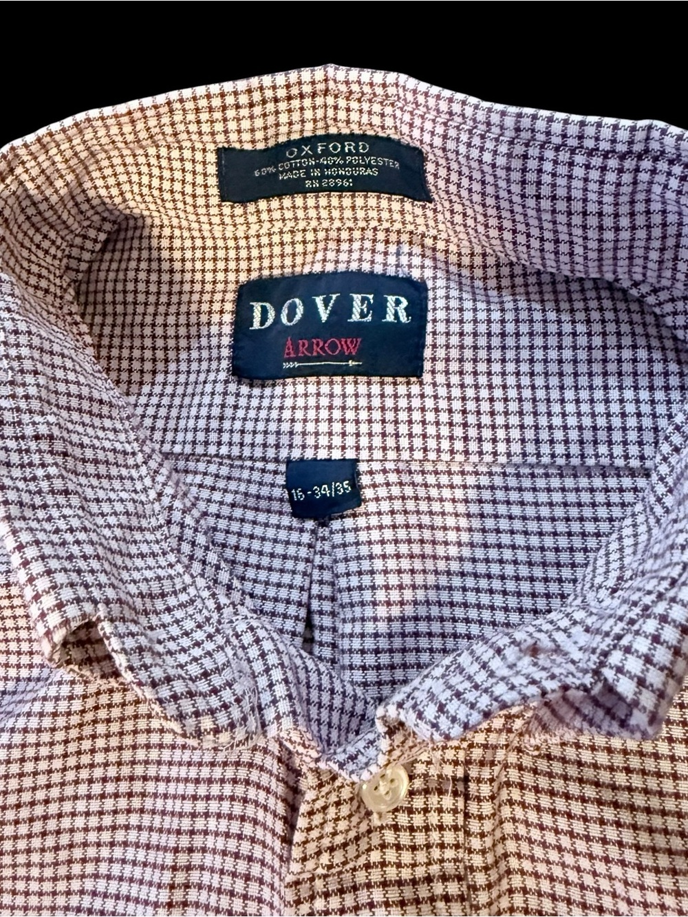 Dover Arrow Oxford Mens 16 (34/35) Button Down Dress Shirt White Burgundy Check